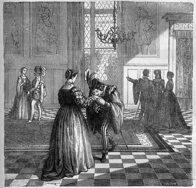 Dronning Margarita af Navarra (1492-1549) møder Pomini. Indstik i "Prostitutionens og udskejelsens historie blandt alle verdens folkeslag fra oldtiden til i dag" af Dr. Th. -F. Debray. 1879. af French School