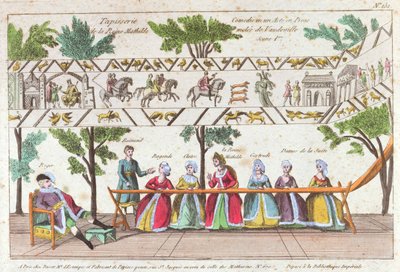 Dronning Mathilda og hendes tjenere væver Bayeux-tapetet, scene fra en Vaudeville-forestilling af French School