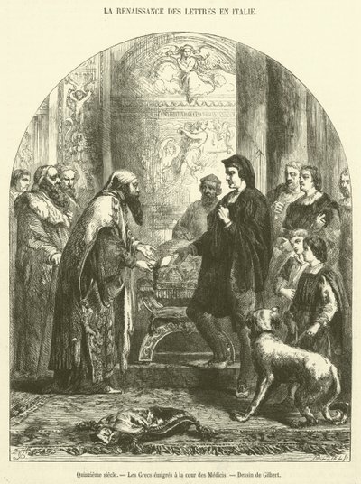 1400-tallet emigrerede grækerne til hoffet i Medici (gravering) af French School
