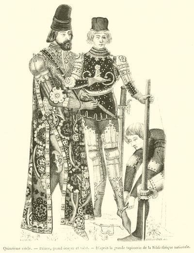 Fifteenth Century, Prince, Grand Esquire og Valet (gravering) af French School