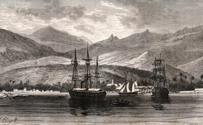 Rade de Taiti - Tahiti - indgravering i "La France illustrée: geografi, historie, statistisk administration" af V.A. Malt-Brown. 1884 af French School