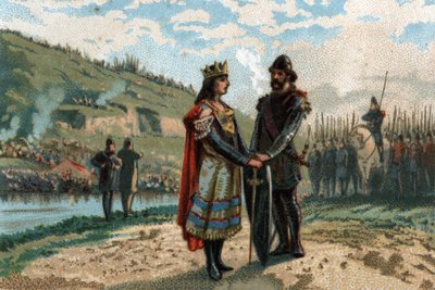Rainfroy (Rainfroi) borgmester i Neustrias palads-alliance med frisonerne og sakserne for at bekæmpe Austrasien. Kromolitografi omkring 1890. af French School