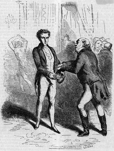 Rastignac svimmel lader den hvidhårede mand tage ti louis. Gravering midten af 1800-tallet. Illustration til "The Father Goriot" af Honore de Balzac (1799-1850). af French School