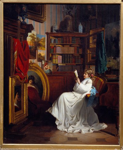 Læser en pige, der læser en bog på et kontor. Maleri af den franske skole. 1800-tallets privatsamling af French School