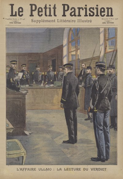 Oplæsning af dommen ved forræderiet mod Charles Benjamin Ullmo (farve litho) af French School