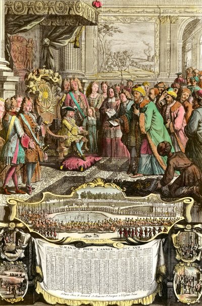 Modtagelse af Mehemet Effendi, den store sultan Achmets tyrkiske ambassadør, af Ludvig XV den 21. marts 1721 i Tuilerierne. Kobberstik fra det 18. århundrede. Privat samling. af French School