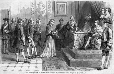 Modtagelse af den korsikanske deputation af kong Ludvig XV (1710-1774) i 1769. Gesandterne anmoder om at få øen knyttet til Frankrig. af French School