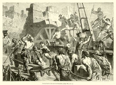 Genopbygning af Jerusalems mure (gravering) af French School