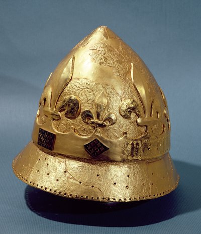 Rekonstruktion af den forgyldte hjelm af Charles VI (1368-1422) fundet i Louvre-udgravningerne i 1986 (metal) af French School