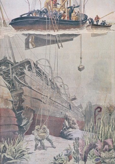 Inddrivelse af skatte fra vraget af Oceana, illustration fra Le Petit Journal, 1912 af French School