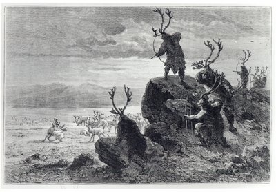 Rensdyrjagt i stenalderen, illustration fra LHomme Primitif, af Louis Figuier (1819-94) udgivet af Hachette, 1870 af French School