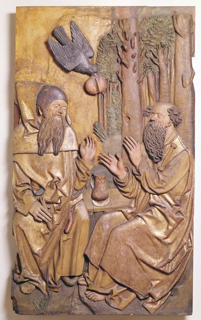 Relief, der forestiller St. Anthony, der besøger St. Paul i ørkenen, fra Chapale of the Old Hospital i Colmar (forgyldt træ) af French School