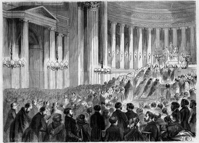 Religiøs ceremoni, Paris, Noel 1857: fejring af midnatsmesse i Madeleine-kirken. Indgravering i "" Le Monde Illustré"" nr. 38 af 2. januar af French School