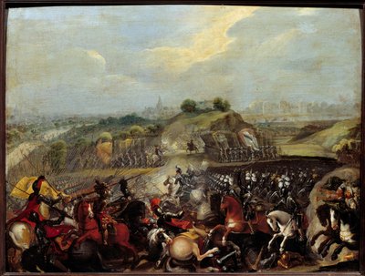 Religiøse krige: "" Henrik IV i slaget ved Ivry den 14/03/1590" Slaget ved Ivry den 14/03/1590 så den kongelige hærs sejr mod den katolske liga. Maximilian af Bethune, hertug af Sully, kongens minister, blev såret der. Maleri af Fren af French School