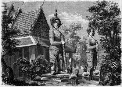 Religiøs arkitektur: udvendig udsigt af en pagode i Bangkok (Siam) i 1861. Indgravering i "" Le Monde Illustré"" nr. 223 af 20. juli 1861. af French School