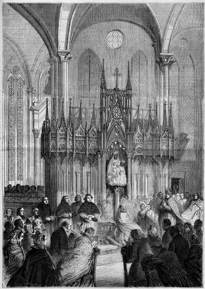 Religiøs kunst: statue af Notre Dame du Pillar eller "" Jomfru Noire"" (ca. 1540) i katedralen i Chartres (Eure et Loire, 28) i 1858. Indgravering i "" Le Monde Illustré"" nr. 89 af 25. december 1858. af French School