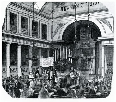 Religiøs ceremoni ved den gamle Paris-synagoge for Rosh Hashana, illustration fra Le Tableau de Paris af Edmond Texier, udgivet i Paris, 1852 af French School