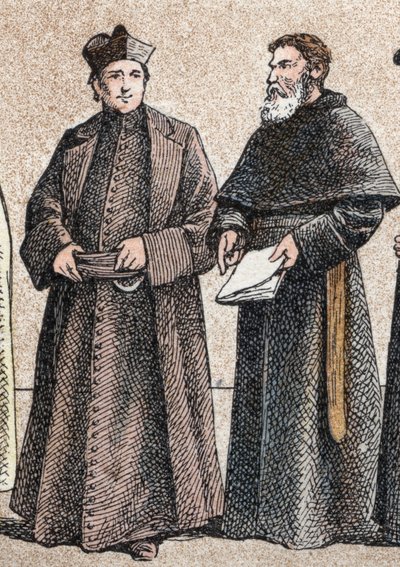 Religiøse dragter: fra g a d portræt af en jesuite og en assumptionist-bror (medlem af kongregationen af Augustinerne i Assumptionen) - Indgravering - Religiøse dragter i oldtiden: fra venstre mod højre, portræt af en jesuit og en Assum af French School