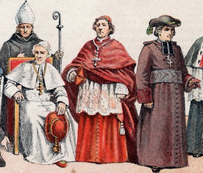 Religiøse dragter: fra g til d en eveque iført miter og med biskoppens numse, pave Leon XIII (Leone XIII) siddende, en kardinal i prælatenskred (eller cappa magna) og en eveque i frakke - fra l til r, biskop med gering og krydser, paven L af French School