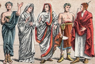 Uskonnolliset puvut antiikin aikana: g a d:sta muotokuva kreikkalaisesta papista, uhripappista, vestaalista, antiikin Rooman pretressistä ja antiikin Rooman suuresta paavista (Pontifex maximus), palvonnasta omistautuneesta roomalaisesta papista ja flaminos af French School