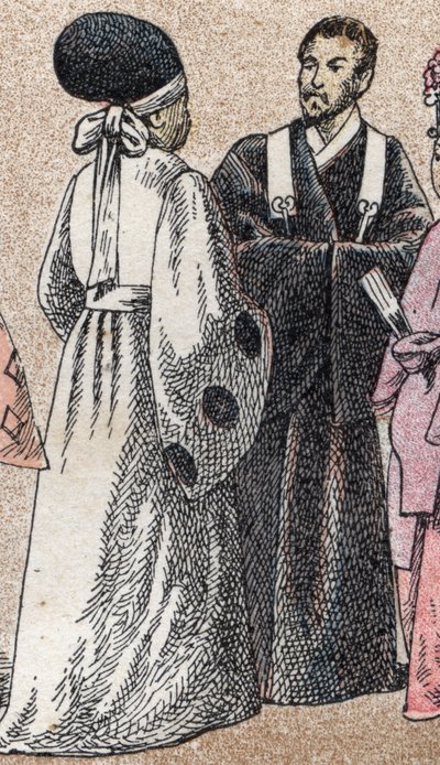 Religiøse dragter i Asien: to shinto-præster fra Japan - Gravering - Religiøse dragter i Asien: to shinto-præster fra Japan - Gravering - Privat samling af French School