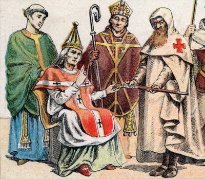 Religiøse dragter i middelalderen: fra g til d en præst i det 10. århundrede, en pave i det 11. århundrede, en eveque (med en miter og en numse) til det 12. århundrede og et medlem af Hospitallerordenen (Orden of St. Johannes af Jerusalem) - Religiøse omko af French School