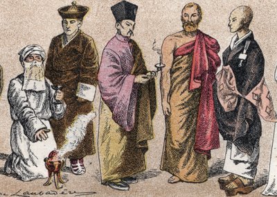 Religiøse dragter i Asien: fra g a d portræt af en præst Parsi (parse eller tilhænger af parsisme), Lama (tibetansk åndelig mester), kinesisk buddhistisk præst, Ceylon bonze og japansk buddhistisk præst - Gravering - Religiøse dragter i Asien: fra venstre  af French School