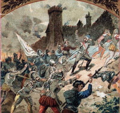Religiøse krige: Huguenotterne erobrede slottet Dampierre i 1567. Kromolitografi fra slutningen af det 19. århundrede af French School