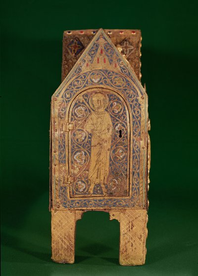 Relikvieskrin af St. Calminius, detalje af St. Peter, der holder nøglerne, Limoges (kobber & champleve-emalje) af French School