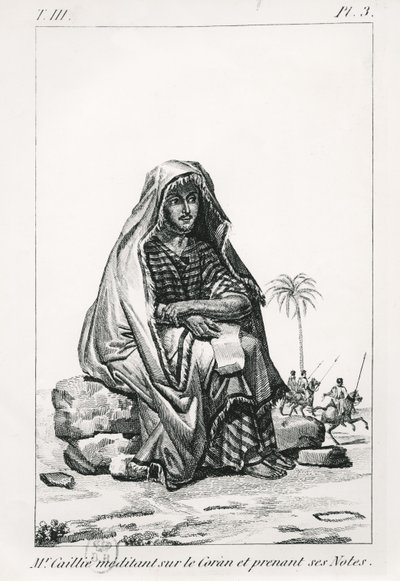 Rene Caille overvejer Koranen og tager noter fra Journal dun voyage a Tombouctou af Rene Caillie (1799-1838), 1830 af French School