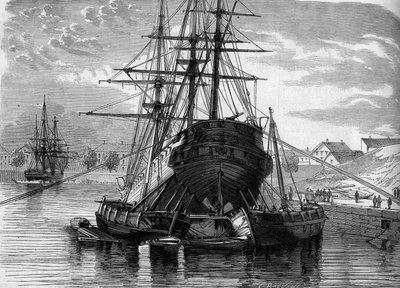 Reparation af et skib (damperen "Vera Cruz"): vi løfter bagenden for at sætte spiralen opdaget. 1863. Indgravering i "" Le Monde Illustré"" nr. 320 af 30. maj 1863. af French School