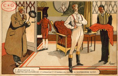 Reporter, der interviewer en herre, der klæder sig på (chromolitho) af French School