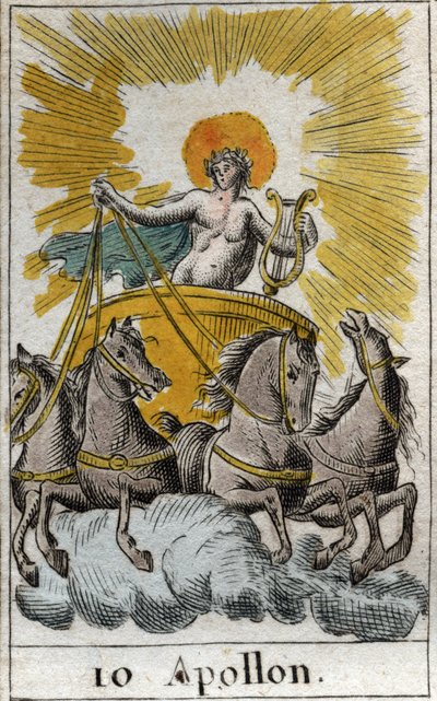 Repræsentation af Apollo, gud for sang, musik og poesi, på sin vogn (Apollo, lysets gud, musik, poesi). Fra "Mythology of Youth" af Pierre Blanchard 1803. af French School