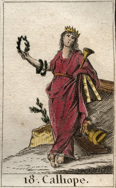 Repræsentation af Calliope, muse af episk poesi, hun holder i hånden en krone og trompet af epopee (Representation of Calliope, Muse of heroic poesi). Fra "Mythology of Youth" af Pierre Blanchard 1803. af French School