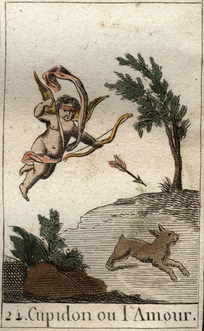 Repræsentation af Amor, eller Amour, tjener af Venus, som et barn med bind for øjnene, der tegner en pil (Amor, kærlighedens gud, som et barn med bind for øjnene, tegner en pil). Fra "Mythology of Youth" af Pierre Blanchard 1803. af French School