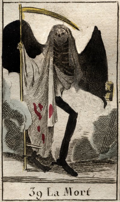 Repræsentation af Døden, skelet klædt i sort og vinge, han holder en stor falsk. (Døden, bevinget skelet klædt i sort, holder en le) Fra "Mythologie de la jeunesse" af Pierre Blanchard 1803. af French School