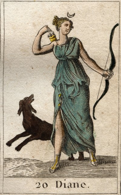 Repræsentation af Diana, jagtens gudinde, hun holder en bue og pile (Repræsentation af Diana, jagtens gudinde). Fra "Mythology of Youth" af Pierre Blanchard 1803. af French School
