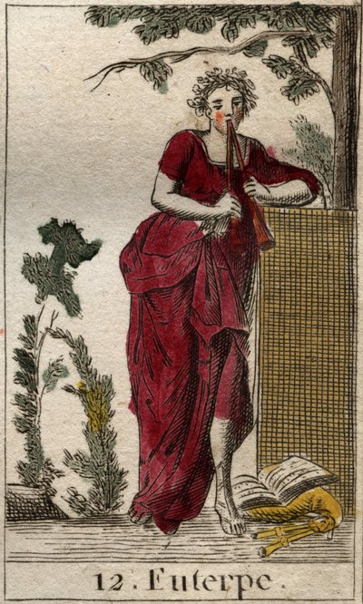 Repræsentation af Euterpe, musikkens muse, omgivet af nodebøger og spiller dobbeltfløjte (aulos) (Euterpe, musikmuse, der viser at holde en dobbeltfløjte (aulos)). Fra "Mythology of Youth" af Pierre Blanchard 1803. af French School