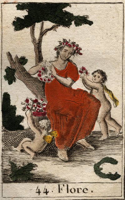 Repræsentation af Flora (Flora), gudinde for blomster. (Flora, blomstergudinden og forårstiden) Fra "Mythologie de la jeunesse" af Pierre Blanchard 1803. af French School