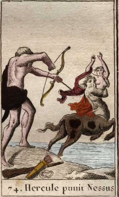 Repræsentation af Hercules, der decocherer en forgiftet pil til kentauren Nessus (Nessos), der kidnapper sin kone Dejanire (Hercules (Heracles) skød en forgiftet pil til kentauren Nessus, der forsøger at kidnappe Deianira) Fra "" Mythologie de la jeunesse  af French School