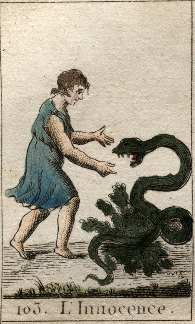 Repræsentation af uskyld, som et barn, der fodrer en farlig slange. Fra "Mythology of Youth" af Pierre Blanchard 1803. af French School
