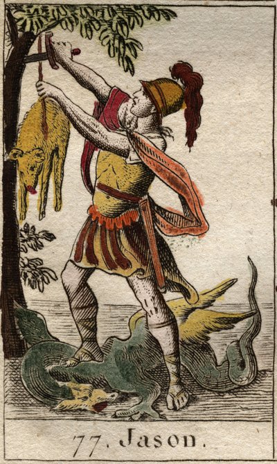 Repræsentation af Jason, der genvinder det gyldne skind, skind af Chrysomallos, belier fløj, efter triumf af den sovende drage, der vogtede det gyldne skind og fangede den. Fra "Mythology of Youth" af Pierre Blanchard 1803. af French School