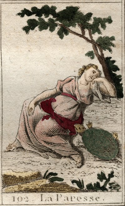 Repræsentation af Dovenskab, datter af Natten og Søvnen som en ung mand med en skildpadde. Fra "Mythology of Youth" af Pierre Blanchard 1803. af French School