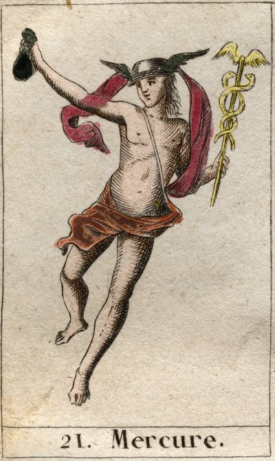 Repræsentation af Merkur, gud for handel, rejser og budbringer for andre guder. Han holder en caduceus og bærer en petase (Mercury, handelens gud og de andre guders budbringer, han holder en caduceus og bærer en petasos). Fra "Mythology of Youth" af Pierre af French School