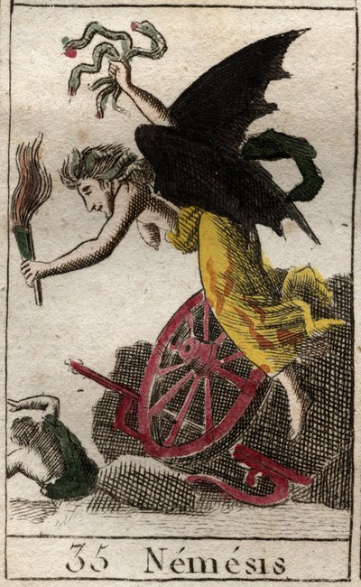 Repræsentation af Nemesis, hævnens gudinde, repræsenteret som en kvinde ailee, der holder en fakkel, og slanger, hjul og ror indikerer, at de forfulgte hendes ofre til vands og til lands. (Nemesis, hævnens gudinde, repræsenteret som en bevinget kvinde, der af French School