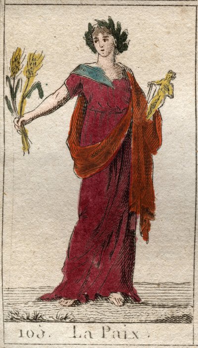 Repræsentation af fred, som en kvinde kronet med laurbær, der holder en skurv. Fra "Mythology of Youth" af Pierre Blanchard 1803. af French School