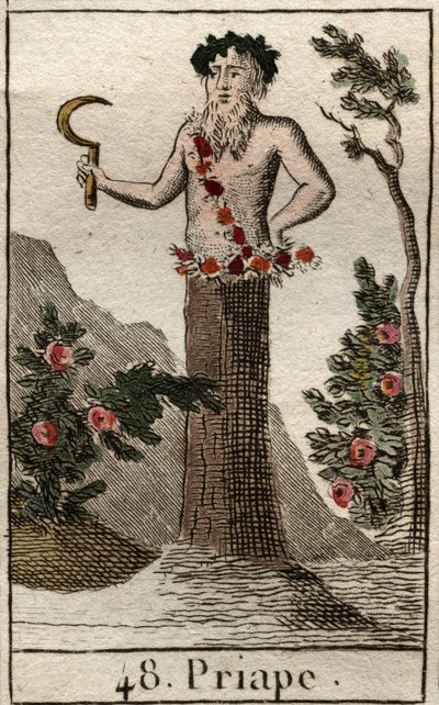 Repræsentation af Priape, gud for libertinage og frugtbarhed, repræsenterer ofte med en penisgigant i erektion, der holder en segl i hånden. (Priapus, rustik frugtbarhedsgud, ofte repræsenteret med en permanent rejst penis, han holder en segl). Fra "Mythol af French School