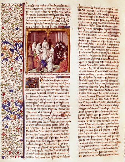 Fremstilling af Sankt Bernhard af Clairvaux (San Bernardo di Chiaravalle) (1090-1153) barn. Han er i midten af billedet med en aureole over hovedet. Miniature i "Le miroir historial" (Speculum Historiale) (ms. 1196, fol. 372) af Vincent de Beauva. af French School
