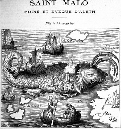 Repræsentation af Saint Malo (Saint Maclou) på ryggen af en hval repræsenteret i vejen for Saint Brendan (Brandan) af Clonfert eller Breanainn af Clonfert (ca. 484-577/578) - gravering af French School