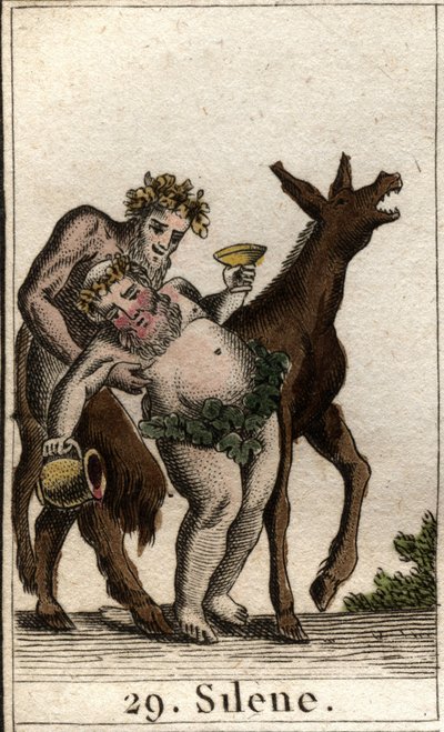 Repræsentation af Silene, ledsager af Bacchus, fuld, understøttet af en satyr. (Bachus Silenus